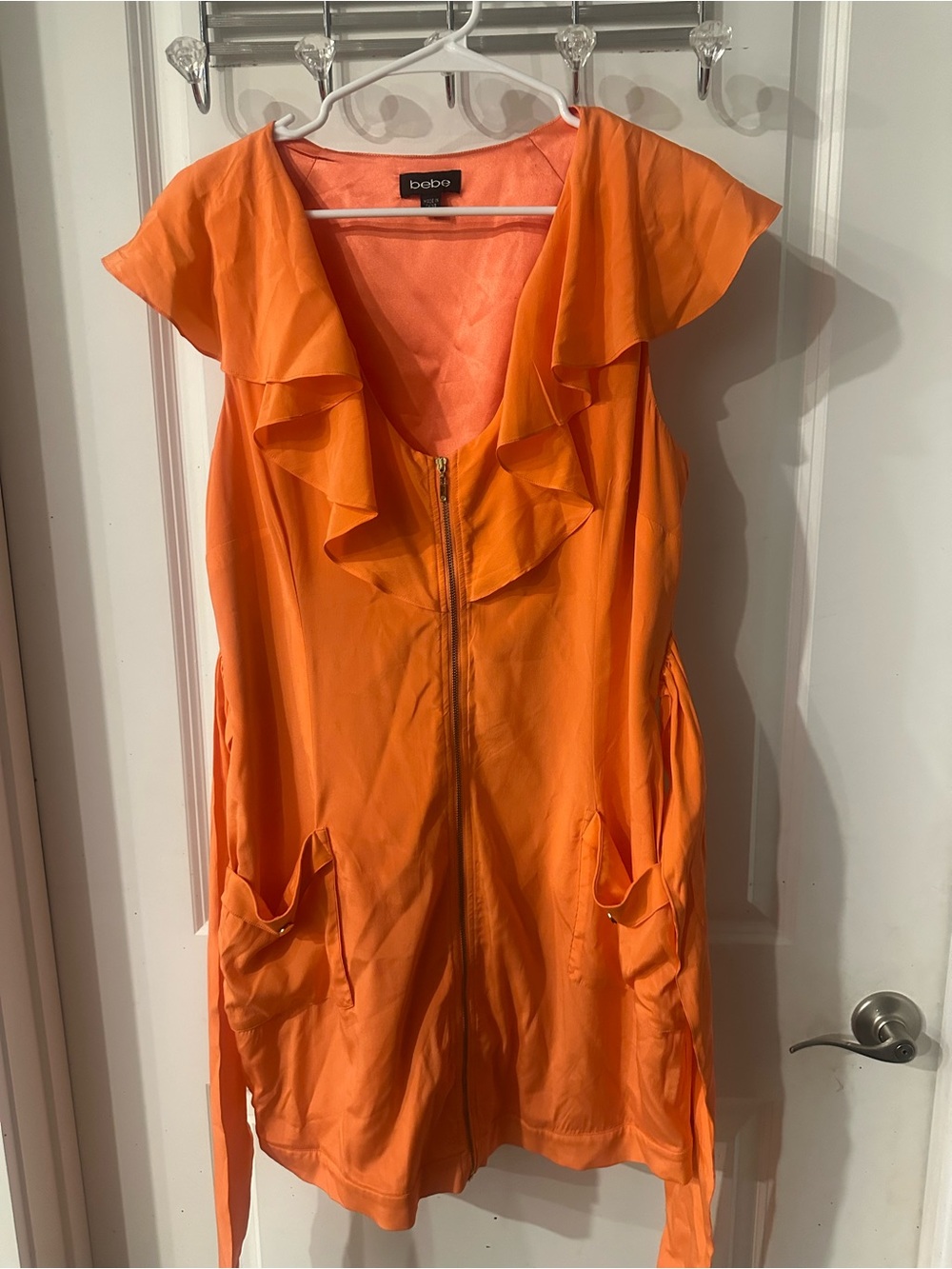 bebe Orange Ruffle-Trim Zip Front Mini Dress